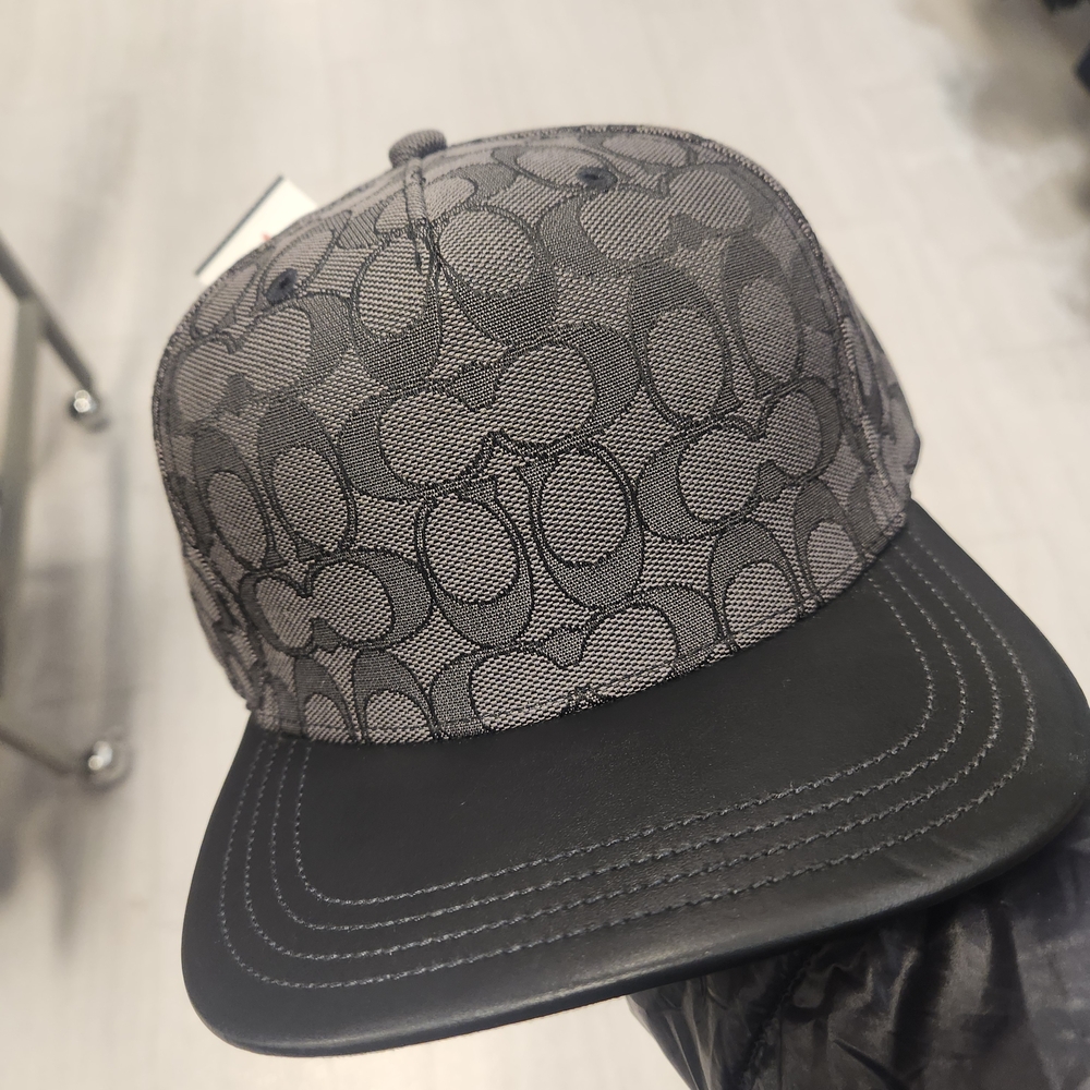 Coach Gray Patterned Hat with Black Leather Brim